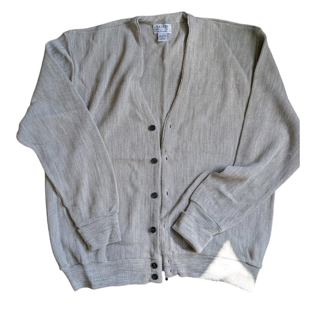 Vtg Arrow Tournament‎ Cardigan Sweater Mens XL Khaki Beige Button Made USA Dad